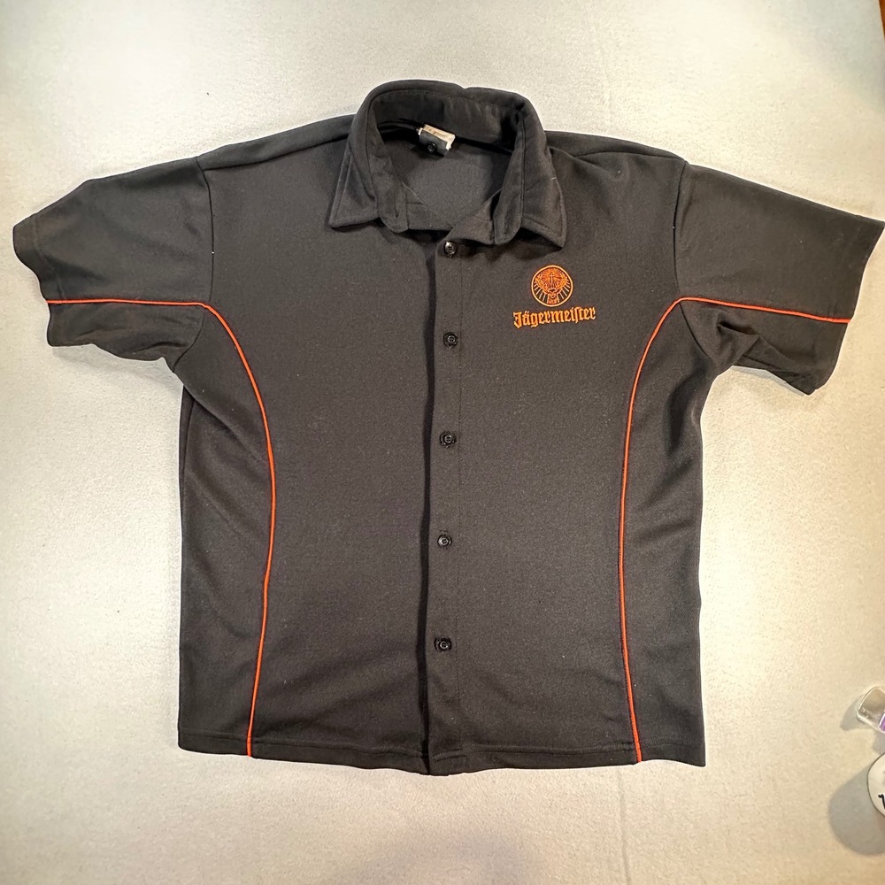 Vintage Retro Jagermeister Mens Black Embroidered Button Up Bowling Shirt Medium